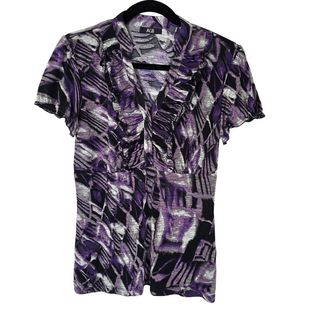 AGB Y2K Babydoll Top Women's S Purple Black Abstract Ruffled Fitted Romantic